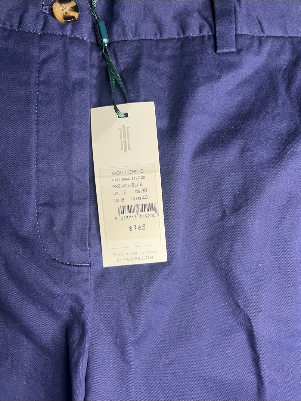 $165 Retail Hobbs London French blue Molly chino pants Size 8 NWT - Picture 3 of 6